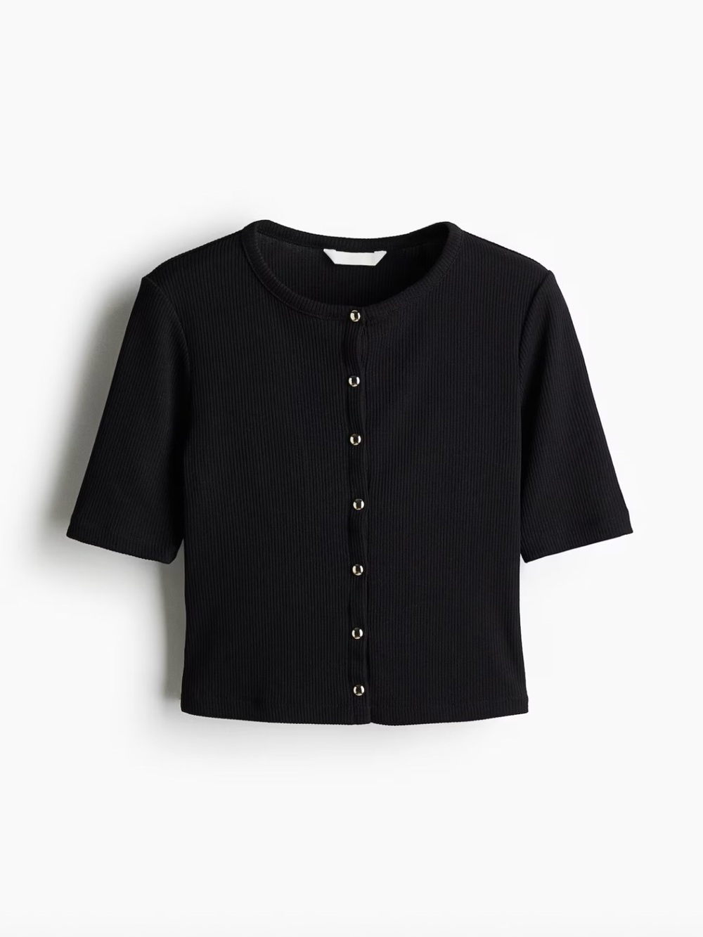 H&M Black Ribbed Button-Front Short Sleeve Top
